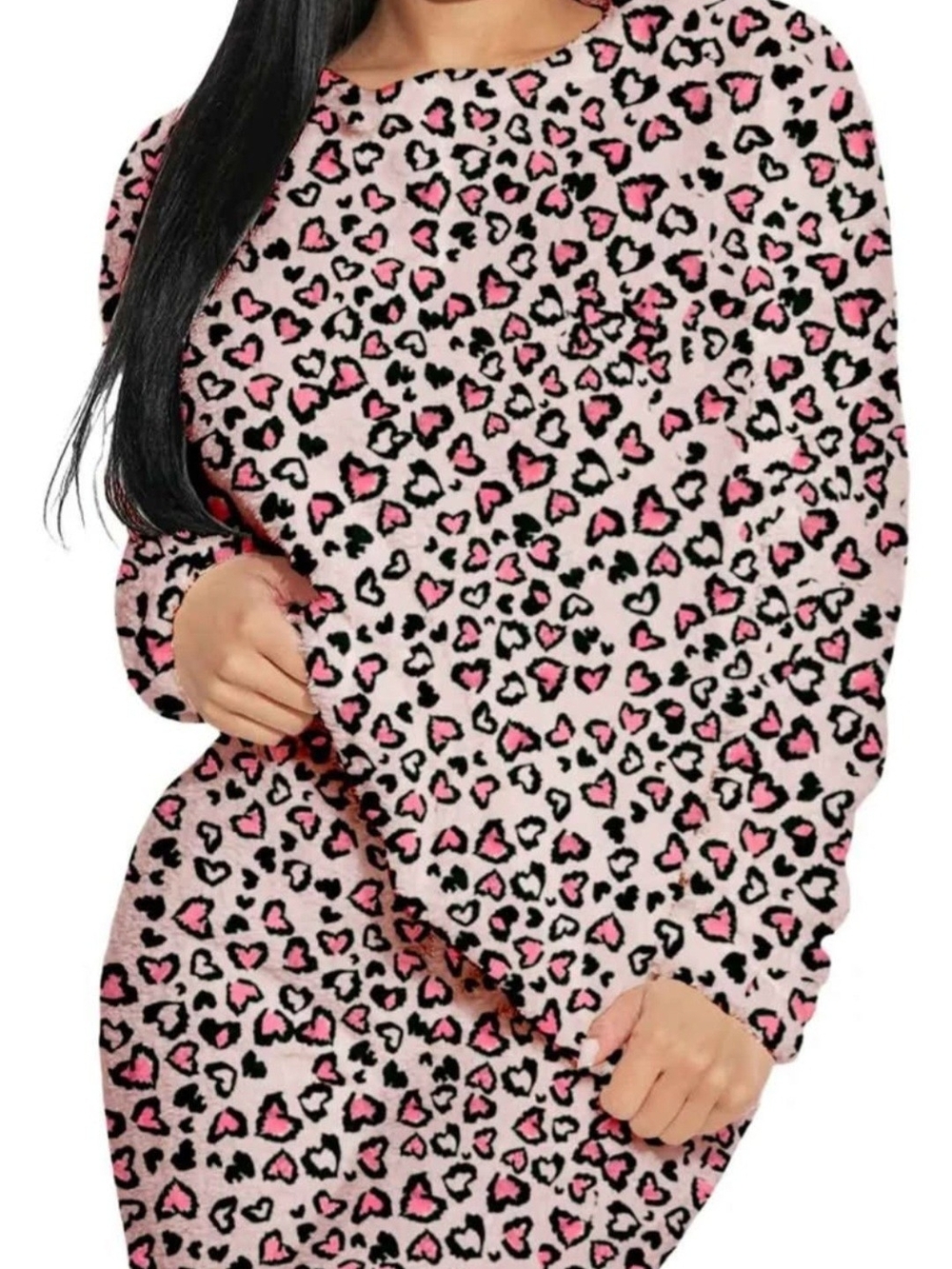 Cozy Pink Heart Leopard Print Nightshirt - Women's Sleepwear